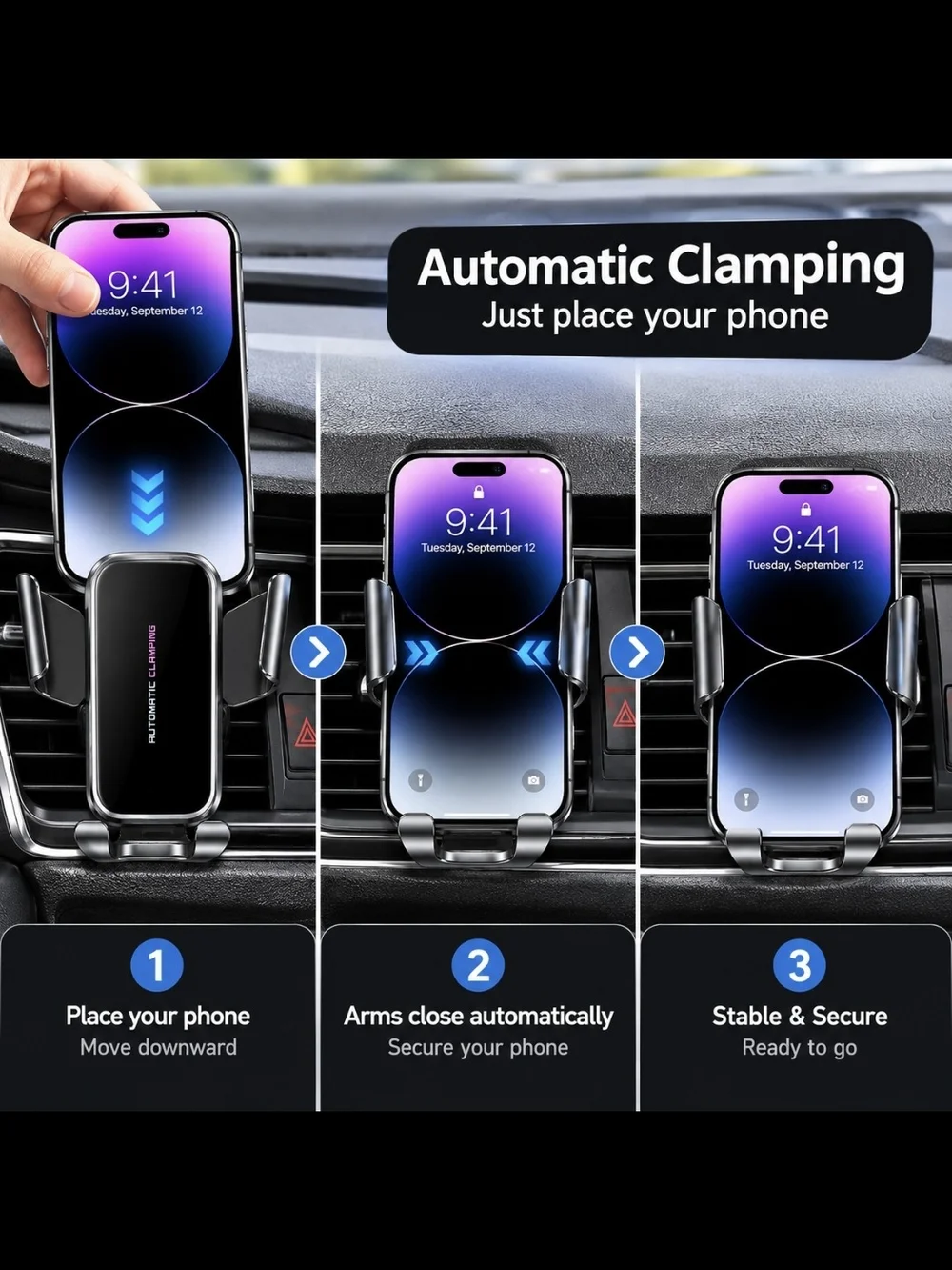 Automatic Clamping Car Phone Mount Clip in Black